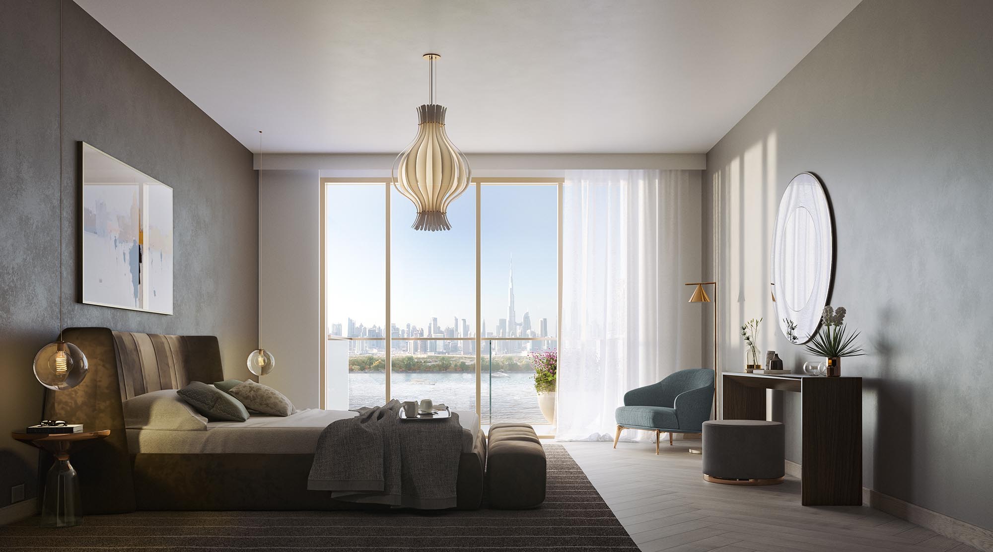 Luxurious bedroom interior at Azizi Riviera Phase 1 with floor-to-ceiling windows overlooking the lagoon and Burj Khalifa